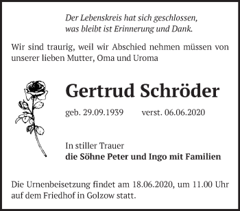 Traueranzeige von Gertrud Schröder von Märkische Oderzeitung