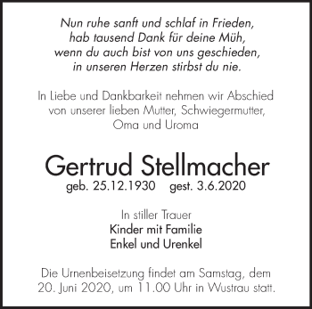 Traueranzeige von Gertrud Stellmacher von Märkische Oderzeitung