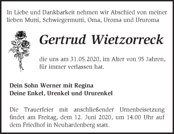 Traueranzeige von Gertrud Wietzorreck von Märkische Oderzeitung