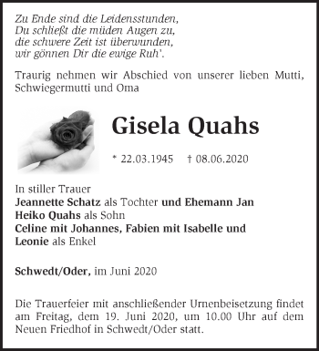 Traueranzeige von Gisela Quahs von Märkische Oderzeitung