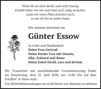 Traueranzeige von Günter Essow von Märkische Oderzeitung