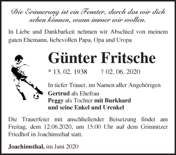 Traueranzeige von Günter Fritsche von Märkische Oderzeitung