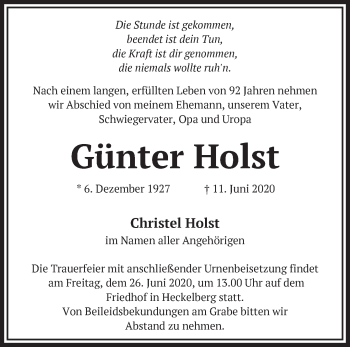 Traueranzeige von Günter Holst von Märkische Oderzeitung