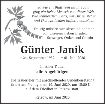 Traueranzeige von Günter Janik von Märkische Oderzeitung