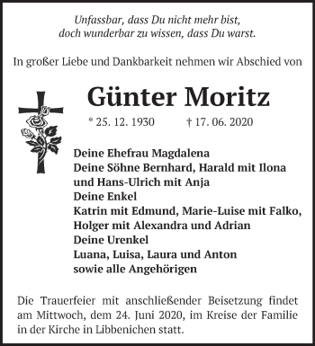 Traueranzeige von Günter Moritz von Märkische Oderzeitung