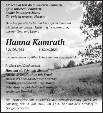 Traueranzeige von Hanna Kamrath von Märkische Oderzeitung