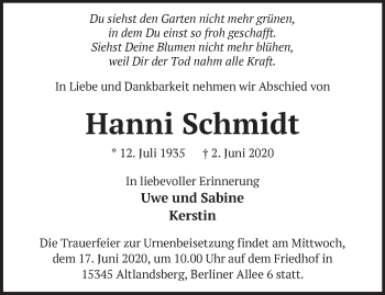 Traueranzeige von Hanni Schmidt von Märkische Oderzeitung