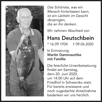 Traueranzeige von Hans Deutschbein von Märkische Oderzeitung