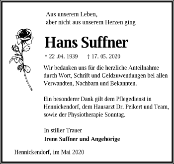 Traueranzeige von Hans Suffner von Märkische Oderzeitung