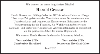 Traueranzeige von Harald Grasow von Märkische Oderzeitung