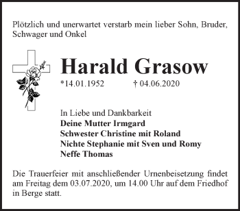 Traueranzeige von Harald Grasow von Märkische Oderzeitung