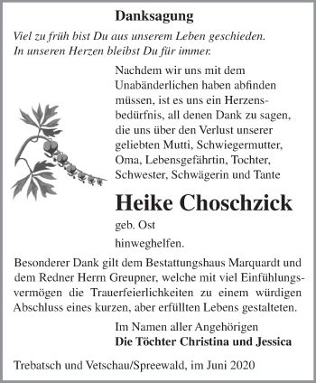 Traueranzeige von Heike Choschzick von Märkische Oderzeitung