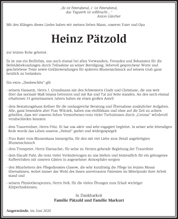 Traueranzeige von Heinz Pätzold von Märkische Oderzeitung