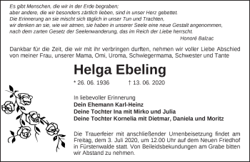 Traueranzeige von Helga Ebeling von Märkische Oderzeitung