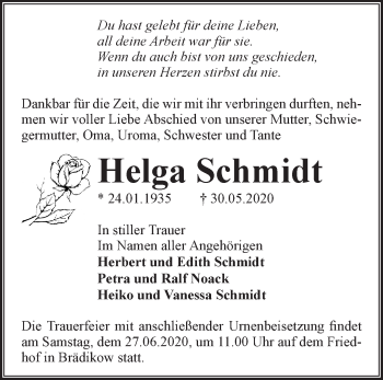 Traueranzeige von Helga Schmidt von Märkische Oderzeitung