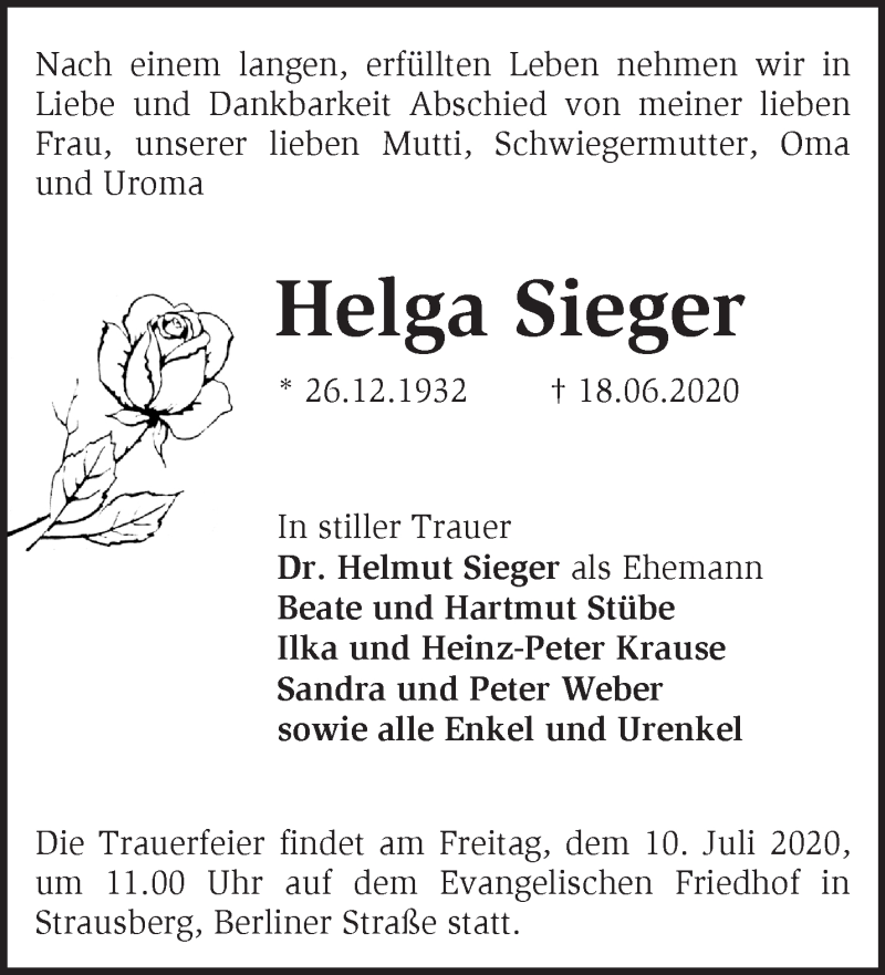  Traueranzeige für Helga Sieger vom 27.06.2020 aus Märkische Oderzeitung