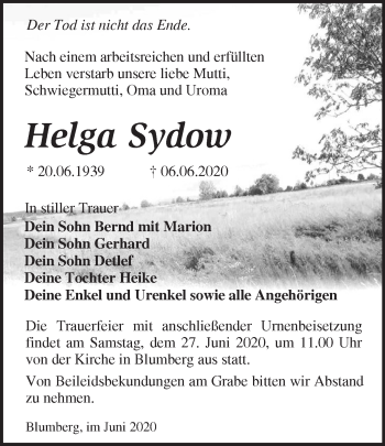 Traueranzeige von Helga Sydow von Märkische Oderzeitung