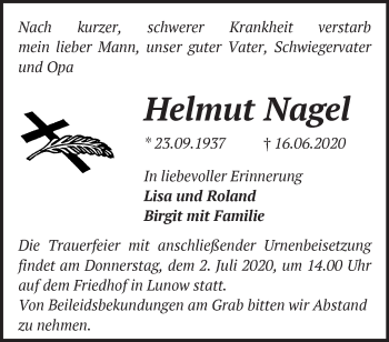 Traueranzeige von Helmut Nagel von Märkische Oderzeitung