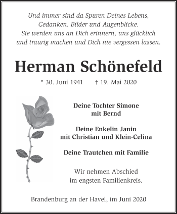 Traueranzeige von Herman Schönefeld von Märkische Oderzeitung