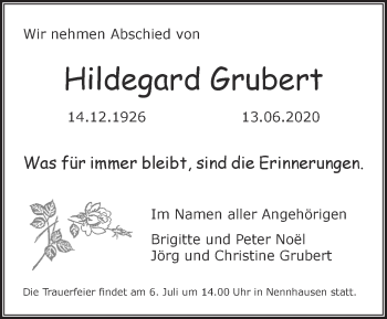 Traueranzeige von Hildegard Grubert von Märkische Oderzeitung