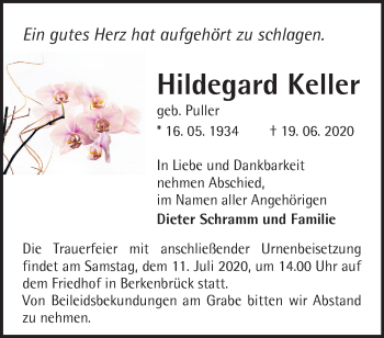 Traueranzeige von Hildegard Keller von Märkische Oderzeitung