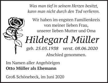 Traueranzeige von Hildegard Müller von Märkische Oderzeitung