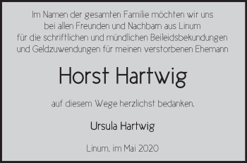 Traueranzeige von Horst Hartwig von Märkische Oderzeitung