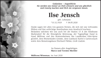Traueranzeige von Ilse Jensch von Märkische Oderzeitung