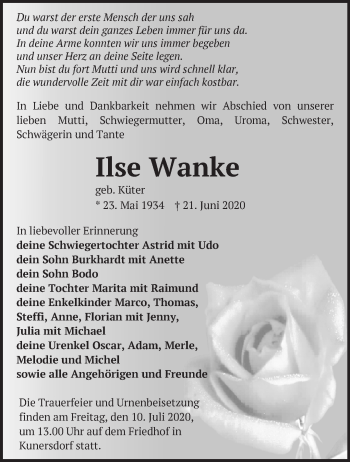 Traueranzeige von Ilse Wanke von Märkische Oderzeitung