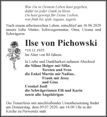 Traueranzeige von Ilse von Pichowski von Märkische Oderzeitung