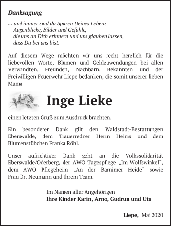 Traueranzeige von Inge Lieke von Märkische Oderzeitung