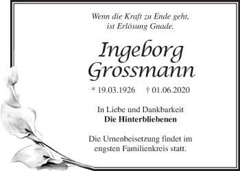 Traueranzeige von Ingeborg Grossmann von Märkische Oderzeitung