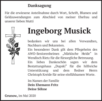 Traueranzeige von Ingeborg Musick von Märkische Oderzeitung