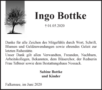 Traueranzeige von Ingo Bottke von Märkische Oderzeitung