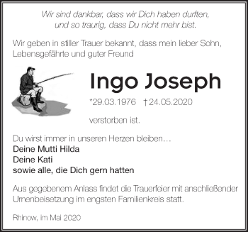 Traueranzeige von Ingo Joseph von Märkische Oderzeitung