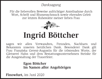 Traueranzeige von Ingrid Böttcher von Märkische Oderzeitung