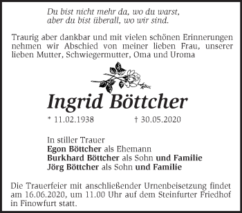 Traueranzeige von Ingrid Böttcher von Märkische Oderzeitung