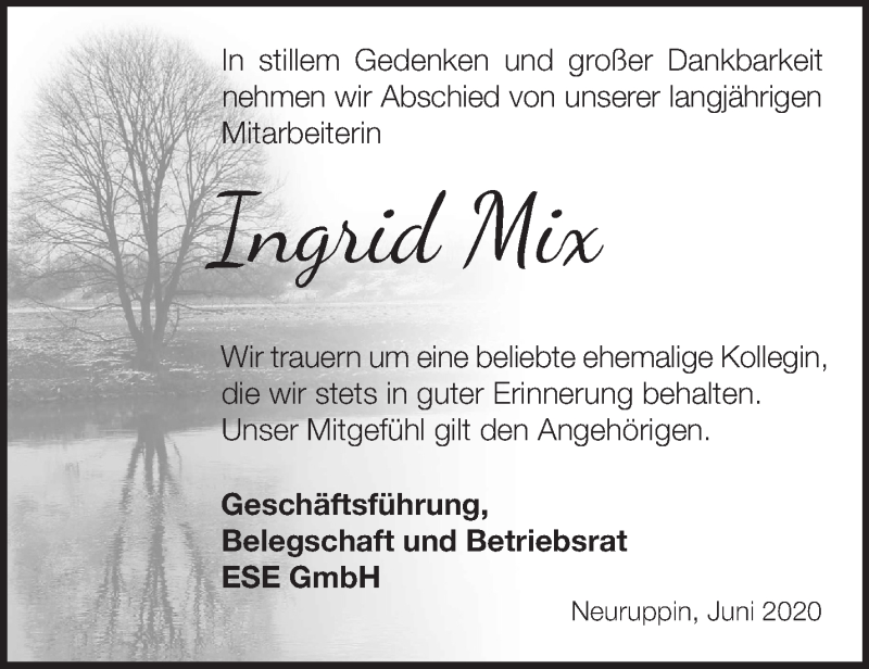  Traueranzeige für Ingrid Mix vom 09.06.2020 aus Märkische Oderzeitung
