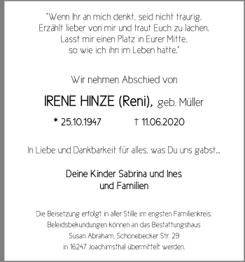 Traueranzeige von Irene Hinze von Märkische Oderzeitung