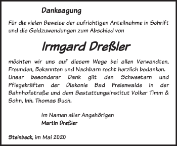 Traueranzeige von Irmgard Dreßler von Märkische Oderzeitung