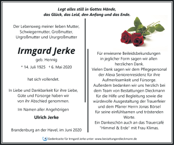 Traueranzeige von Irmgard Jerke von Märkische Oderzeitung