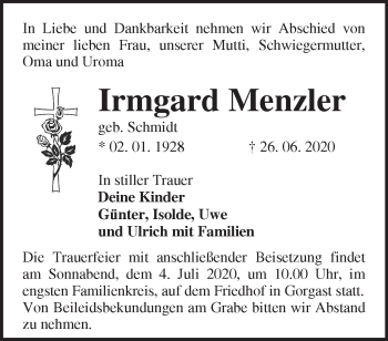 Traueranzeige von Irmgard Menzler von Märkische Oderzeitung