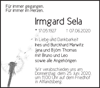 Traueranzeige von Irmgard Sela von Märkische Oderzeitung