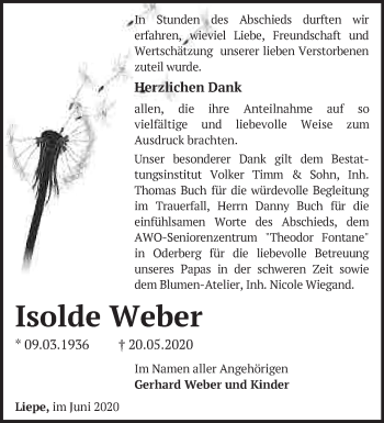 Traueranzeige von Isolde Weber von Märkische Oderzeitung