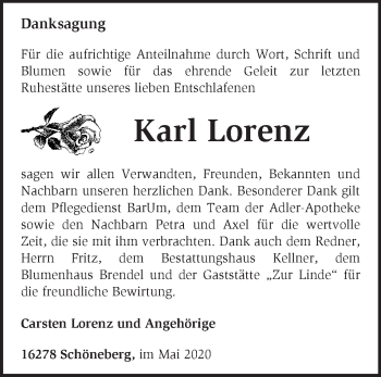 Traueranzeige von Karl Lorenz von Märkische Oderzeitung