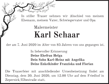 Traueranzeige von Karl Schaar von Märkische Oderzeitung