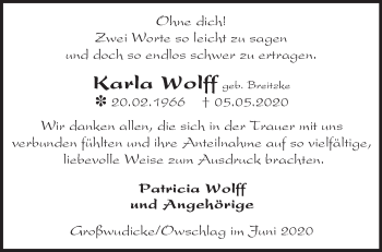 Traueranzeige von Karla Wolff von Märkische Oderzeitung