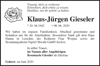 Traueranzeige von Klaus-Jürgen Gieseler von Märkische Oderzeitung