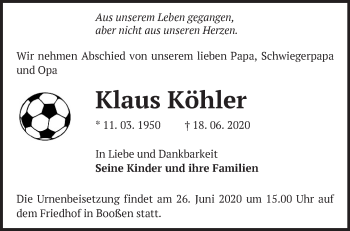 Traueranzeige von Klaus Köhler von Märkische Oderzeitung