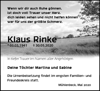 Traueranzeige von Klaus Rinke von Märkische Oderzeitung